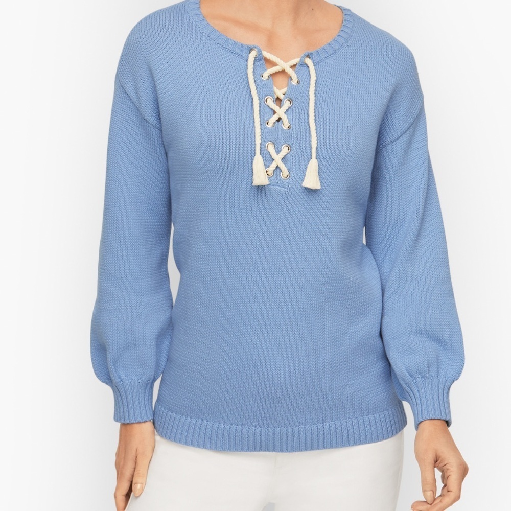 Talbots Cotton Blend Lace Up Sweater Blue size P (petite small)